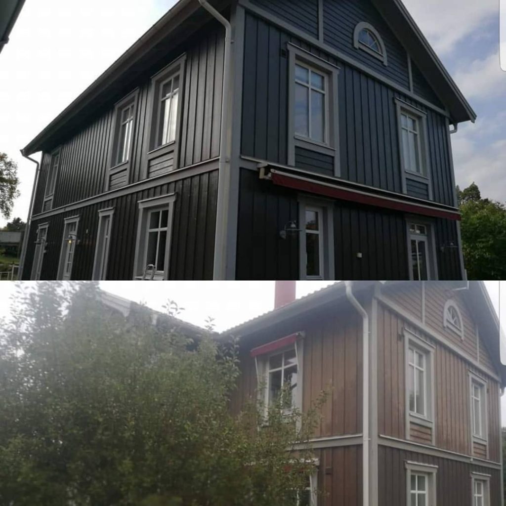 Kaks fotot tumedatest puitfassaadidest ühel pildil